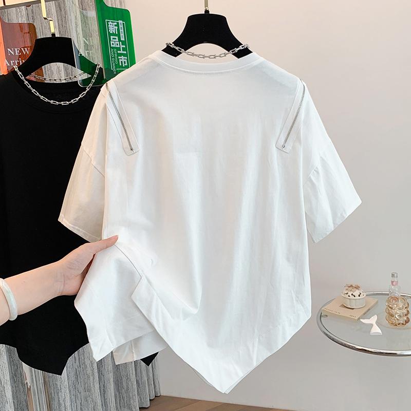 DIMANAF 2024 Women T-Shirt Zipper Female Solid O-Neck Cotton Loose Short Sleeve Tops&Tees
