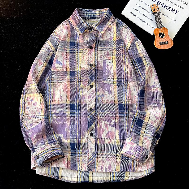 Plaid Shirt Printing and Dyeing Gradient Loose Jacket Shirt Large Size High School Student Versatile Plaid Jacket Men