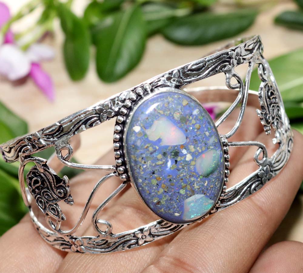 Huge Natural Stablized Ethiopian Opal 925 Silver Plated Bangle 6.5" Trendy n1E55