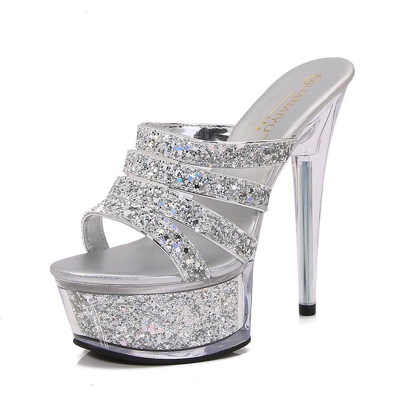 

Новые летние сандалии на прозрачной водонепроницаемой платформе с кристаллами, супервысокие, с ремешком и круглым носком, сексуальные 41 серебряный