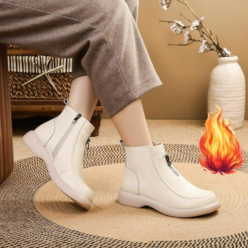 Cowhide Cotton Shoes, Flat-bottomed Wool Short Boots, Women's Winter Plus Velvet Warm Boots, Soft-soled Non-slip Leather Boots