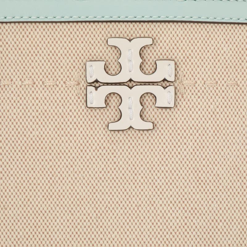 Tory Burch Mcgraw Double T Logo Beige Canvas With Navy Leather Patent Trim Bucket Bag Women Bags 145559-250
