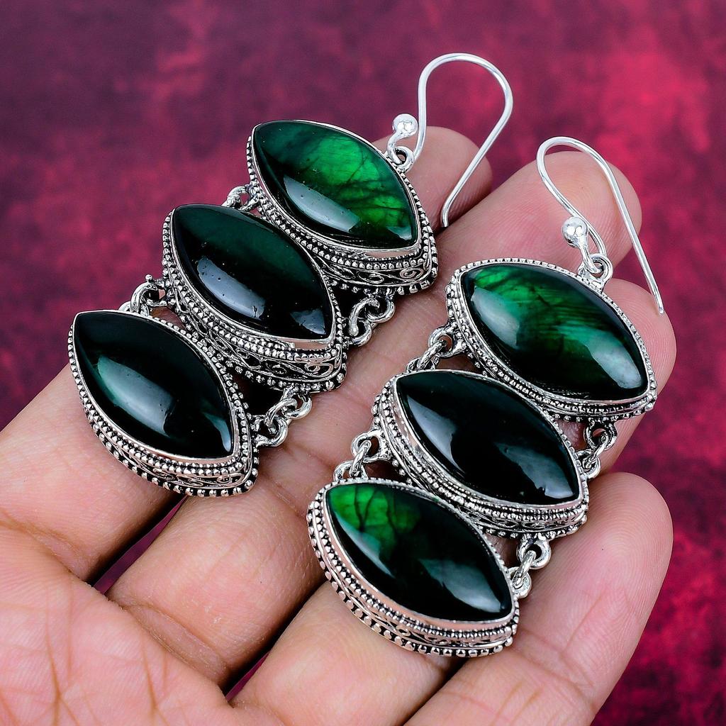 Green Flash Labradorite 925 Solid Sterling Silver Earrings, Handmade Gemstone Earrings Jewelry, Gifts For Wife Brand New Earrings