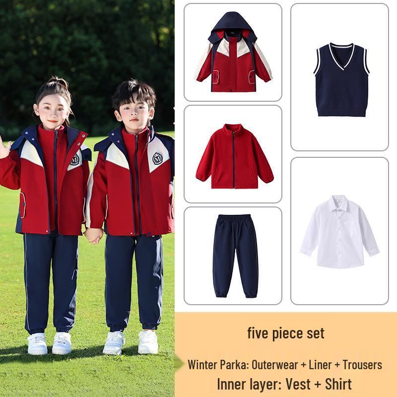 Elementary School Windbreaker Three-Piece Uniform Set for Kindergarten and First Grade - Spring, Autumn, and Winter