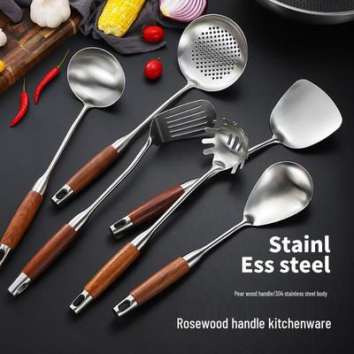 Solid Rosewood & 304 Stainless Steel Kitchen Utensil Set: Soup Ladle, Skimmer, Slotted Spoon, Frying Spatula, Strainer.