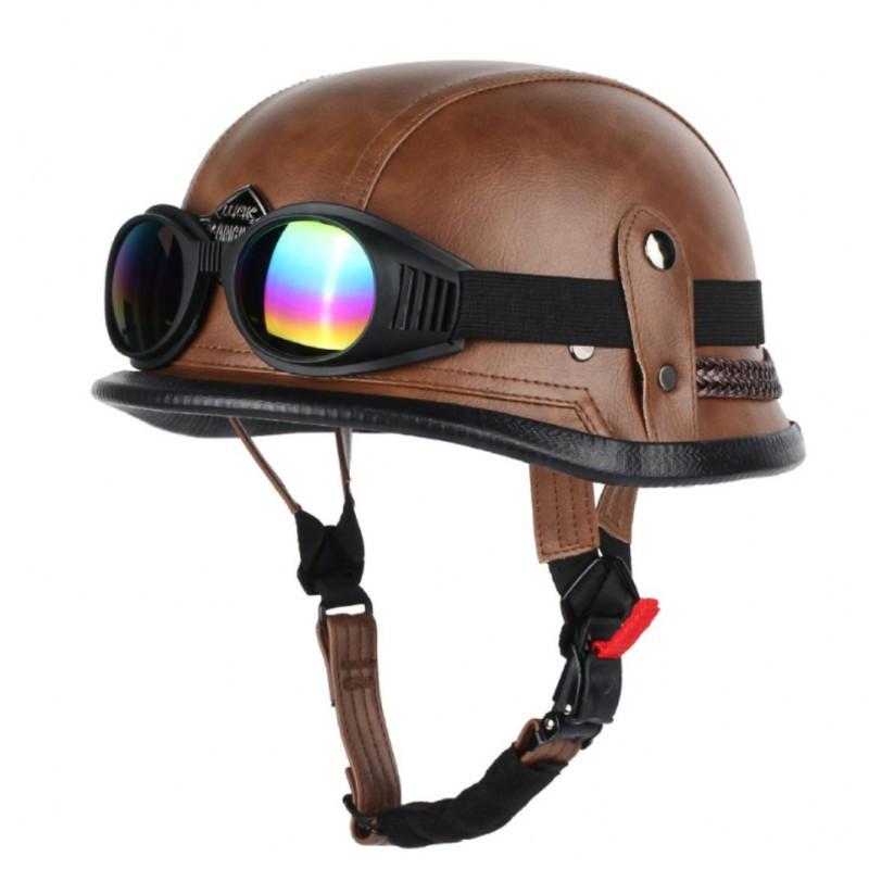 Motorcycle Half-helmet Retro German Handmade Leather Half-face Quick-release Buckle With Goggles