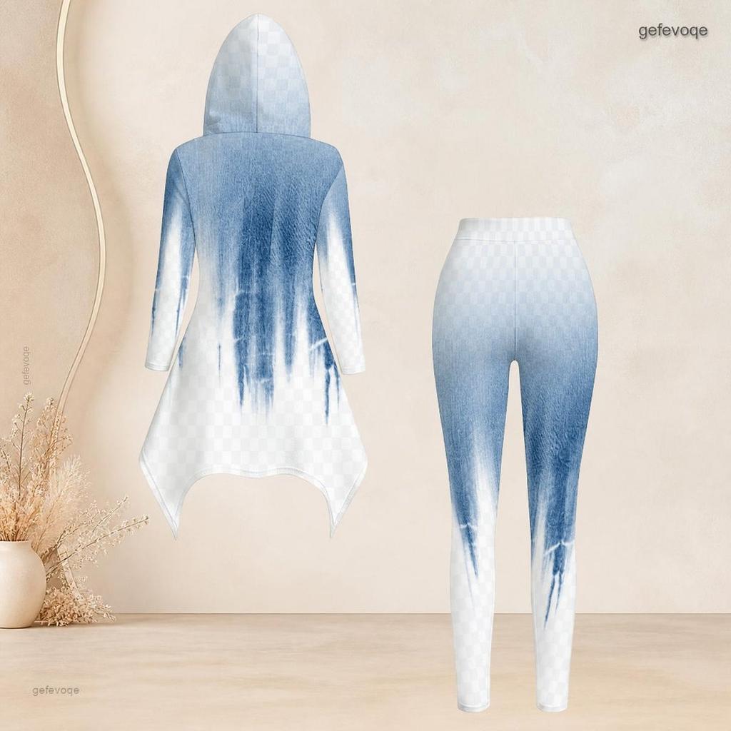 Damen Übergröße Mit Kapuze Langarm Bedrucktes High-Low-Top Und Eng Anliegende Hose Zweiteiliges Set
