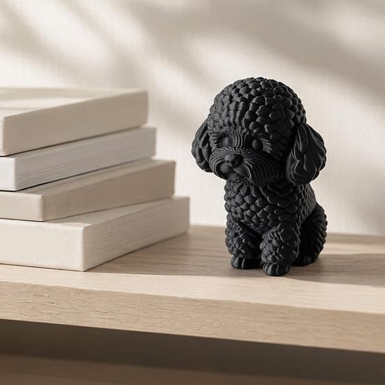 Huaqianguhh 3D Printed Cute Teddy Dog Statue, Mini Poodle Figurine, Matte Solid Black Statue with Detailed Curly Fur, Wide Anti-Tipping Base,