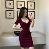 Summer Women's Knitted Dress Slim Fit Waist Cinched Hip Skirt Elegant Drawstring Bodycon Short Dress