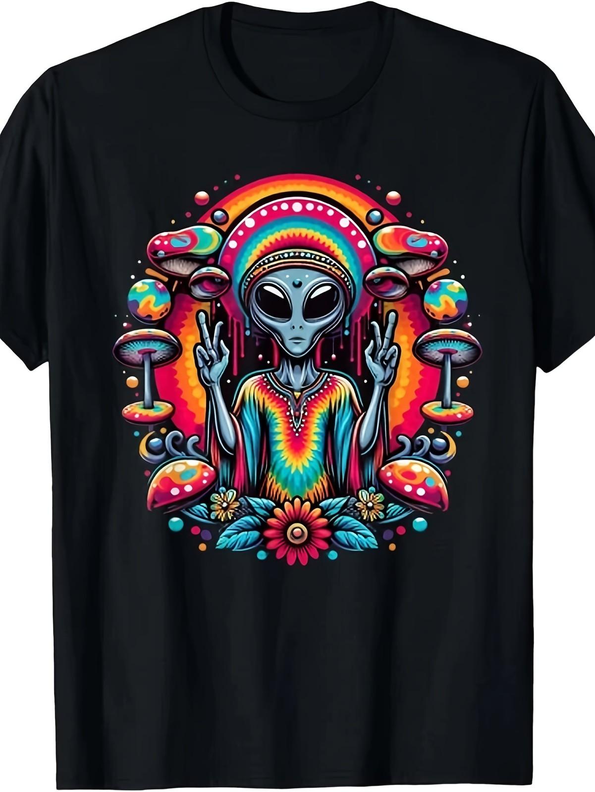 Tie Dye Alien Peace Sign Graphic T-Shirt Boho Hippie Space Vibes Tee S разноцветный