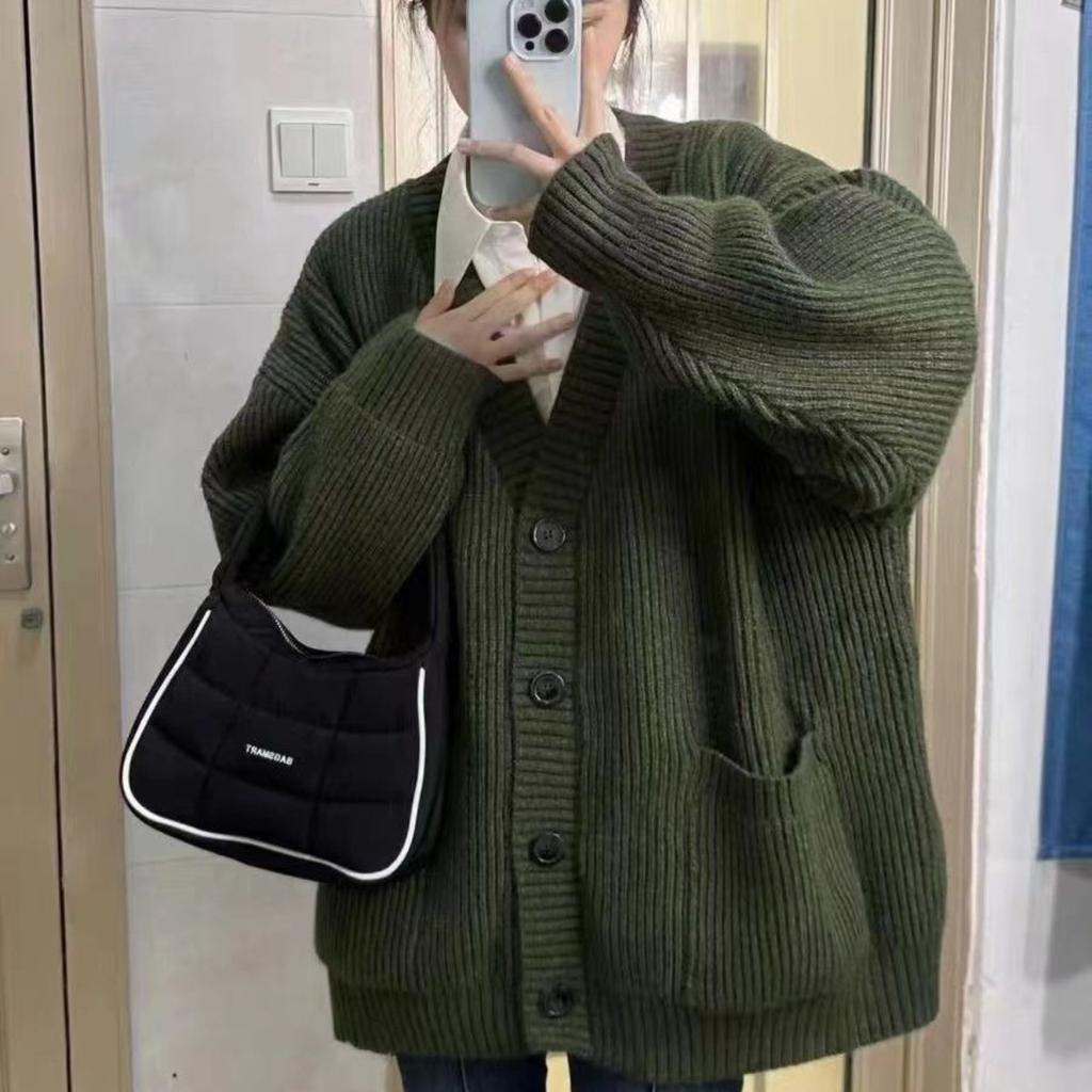 Korean V-neck Lazy Style Cardigan, Japanese Minimalist Sweater, Women's Spring, Autumn, Winter Casual Loose Knit Sweater