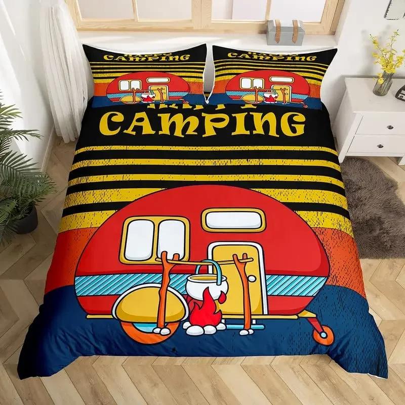 Camper Bedding Set Kids Happy Camping Duvet Cover Set Microfiber Rv Camping Quilt Cover Camper Accessories For Travel Trailers