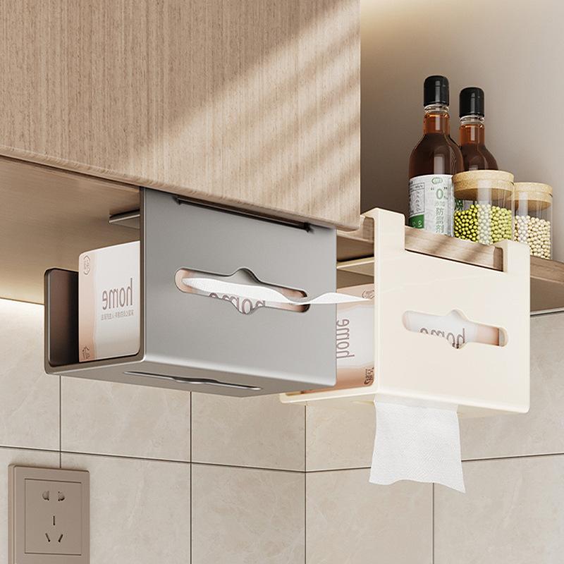 1pc Kitchen Tissue Holder Hanging Waterproof No Punching Paper Towel Rack Wet Wipes Roll Paper Storage Inverted Drawer Paper Box