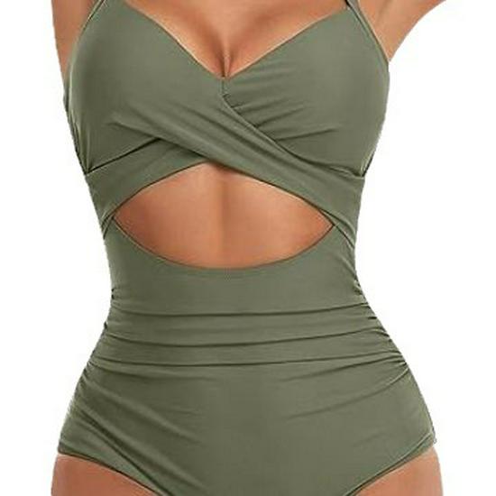 European American Color Block Spliced Cutout One-Piece Swimsuit with Adjustable Cross Tie-Up.