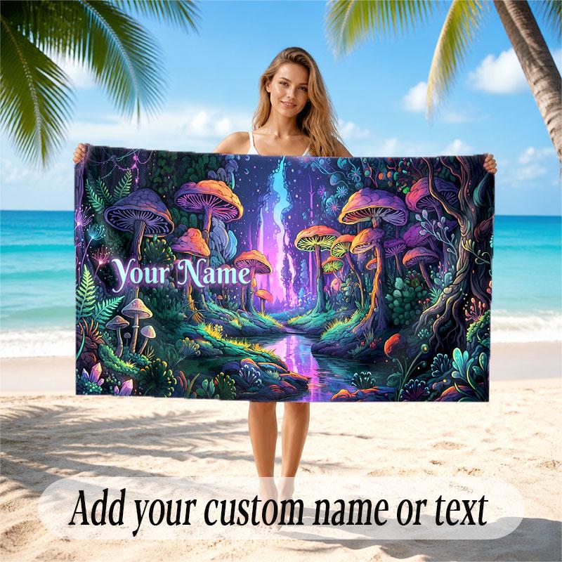 Mushroom Forest Theme Soft Beach Towel Personalized Custom Name Text Towel Portable for Beach Pool Travel