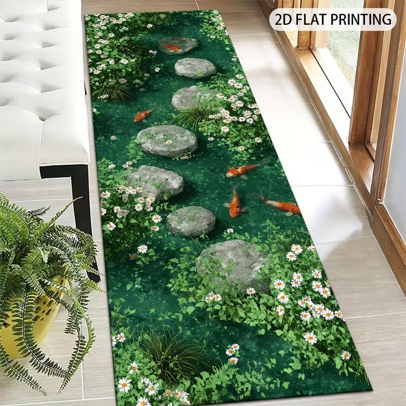 Garden Koi Fish Print Runner Rug Green Zen Pathway Floor Mat Stone Stepping Daisy Floral Design Hallway Carpet for Hallway