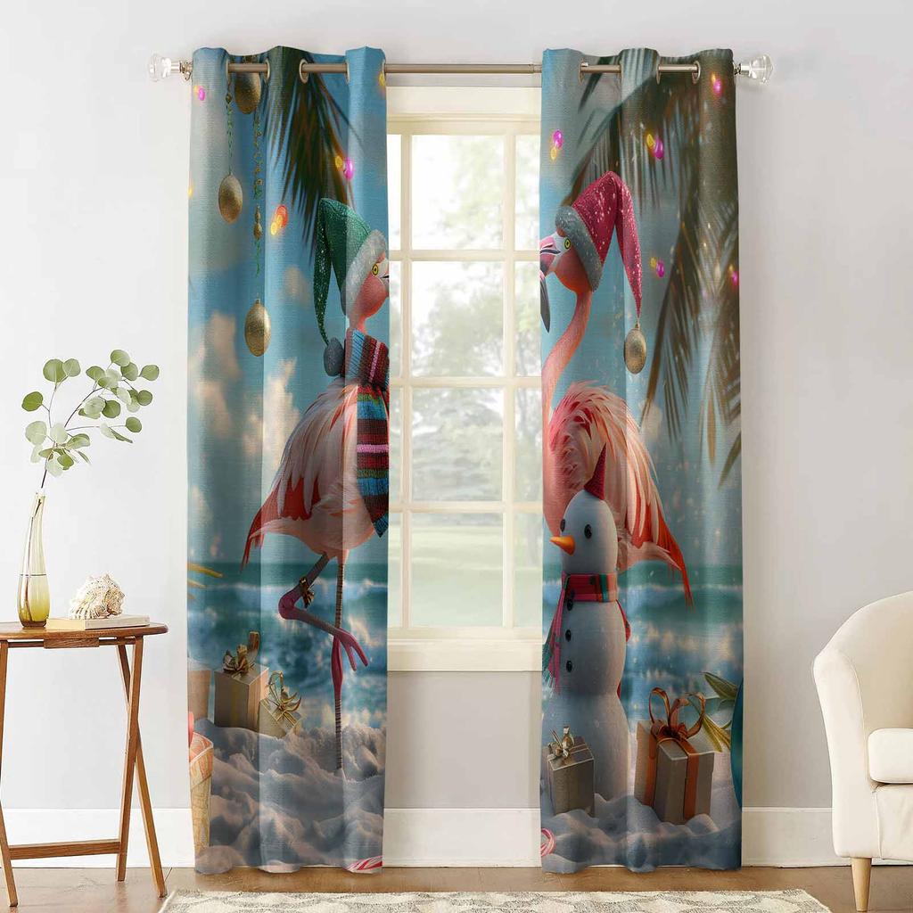 Christmas Beach Palm Tree Snowman Flamingo Blackout Curtains For Living Room Bedroom Window Treatment Blinds Drapes