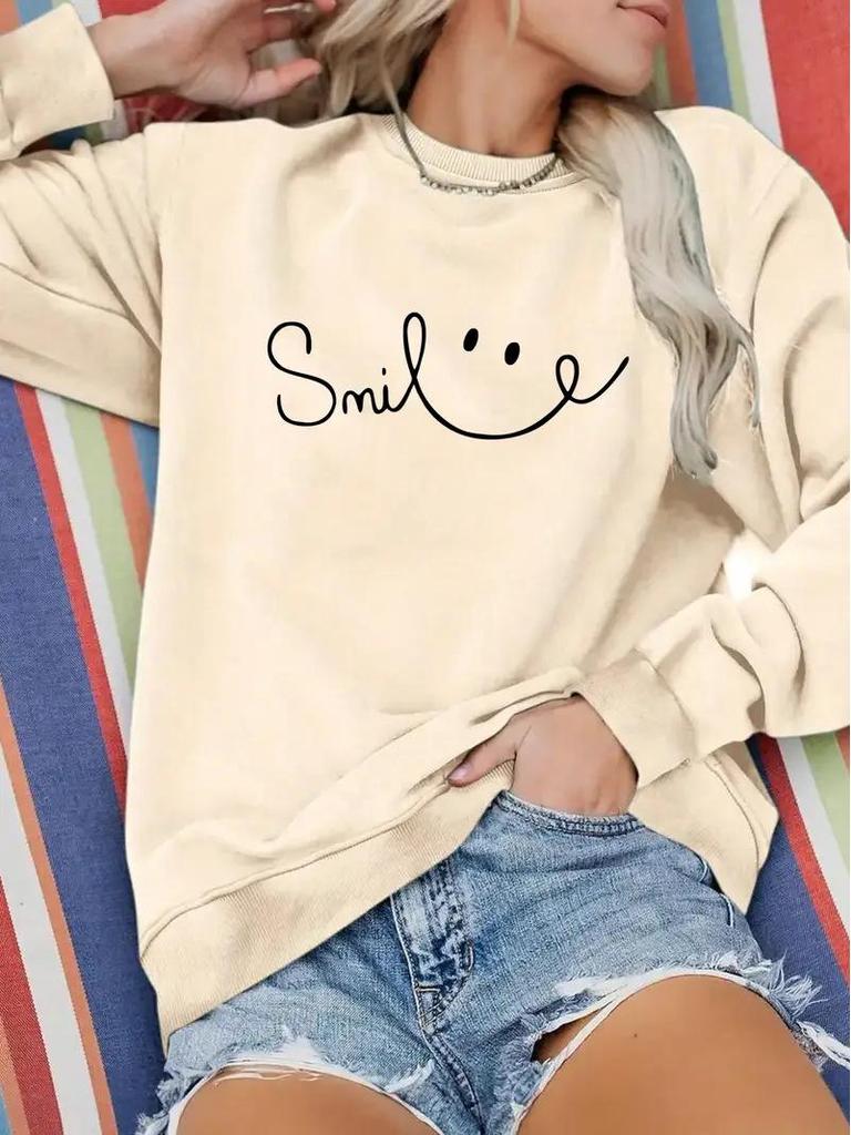 Women's Geometric Smiley Face Crew Neck Pullover Sweatshirt, Sizes S-3XL