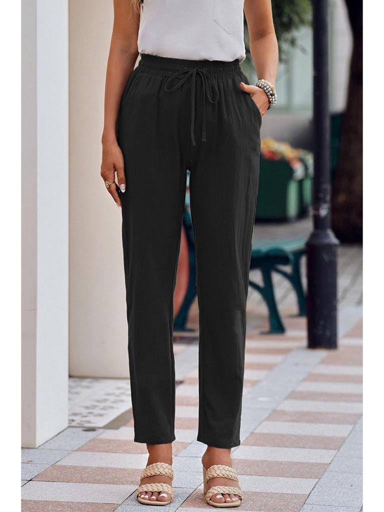 Herbst Damen Baumwoll-Leinen Kordelzug Weitbein Hose