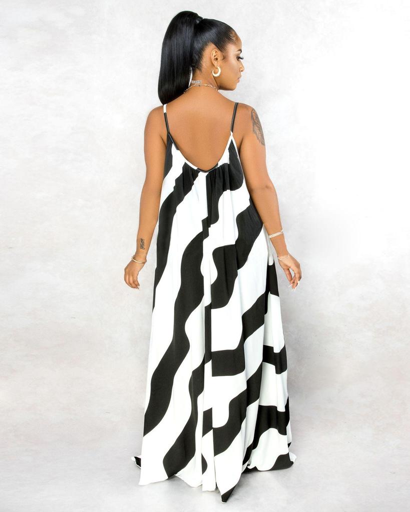 H153 Europäisches Sexy Damen Maxikleid mit unregelmäßigem Print und Spaghettiträgern
