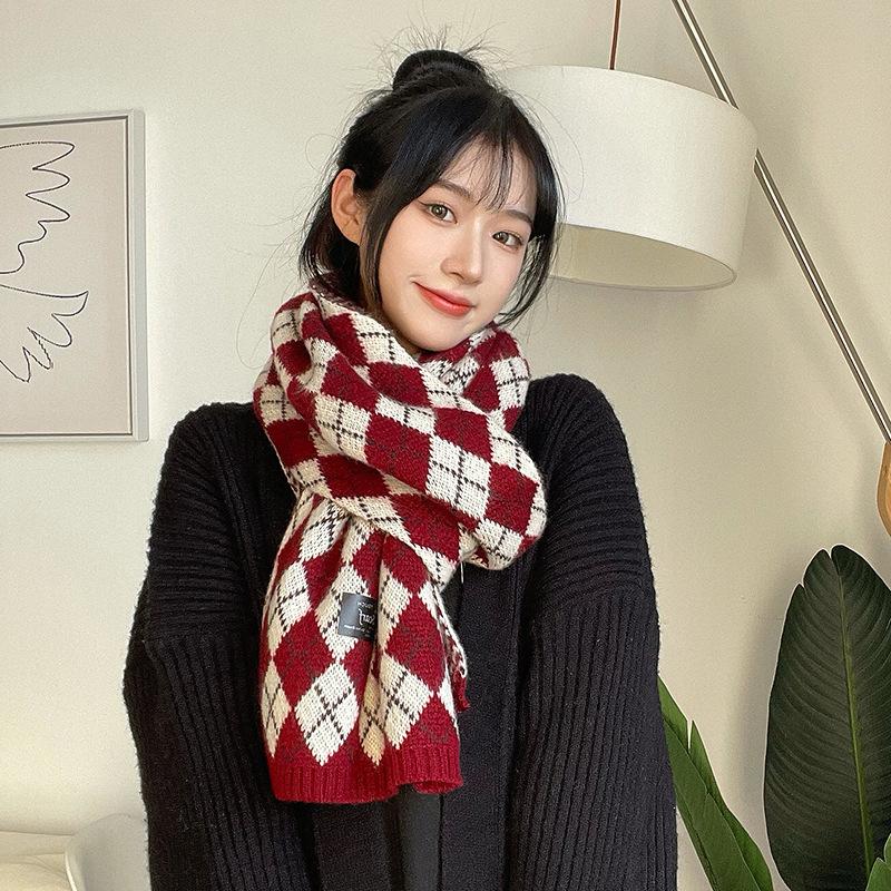 Japanese Rhombus Plaid Wool Scarf Women's Autumn and Winter Korean Version Warm Versatile College Style Knitted Couple Scarf Men