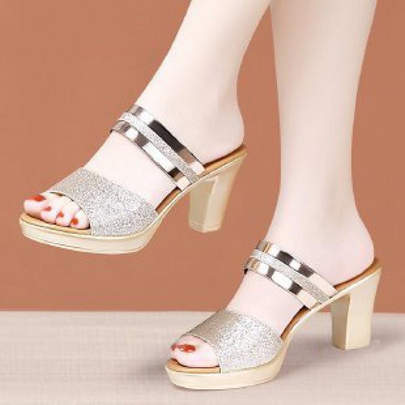 

Summer new sandals women thick heel fish mouth open toe middle heel two wear thick heel cool slippers women 42 рожевий колір золота