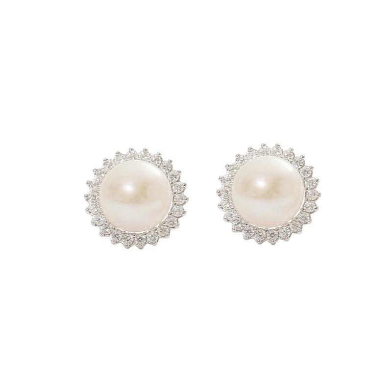 Silver needle sunflower pearl stud earrings women's high-end sense light luxury niche earrings new trendy popular earrings