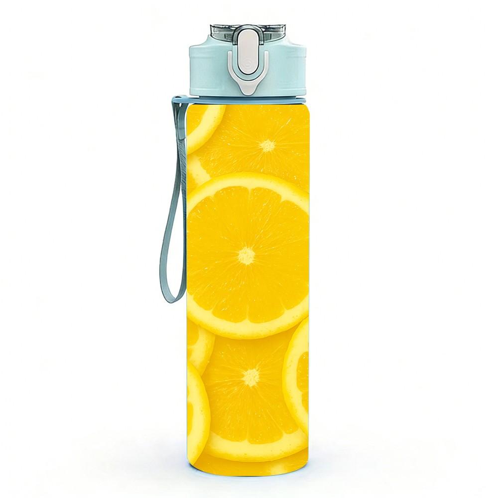 1PC Yellow Lemon Slice Repeat Print 750ml Color Plastic Sports Water Bottle Leakproof Flip Straw Lid Suitable for Sports Office Home Use