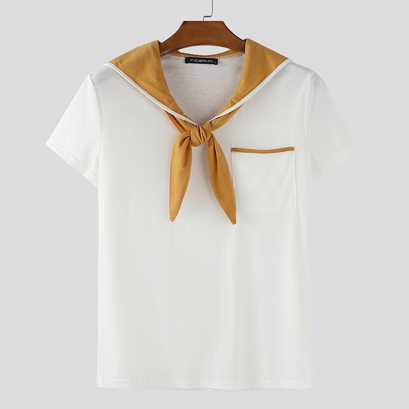 

INCERUN Oversized Men Naval Collar Tie Up Short Sleeve Casual Loose T-Shirts Tops 5XL жёлтый