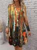 3D Retro Floral Pattern Casual Dress, Women's Autumn Long Sleeved Round Neck Casual Mini Dress