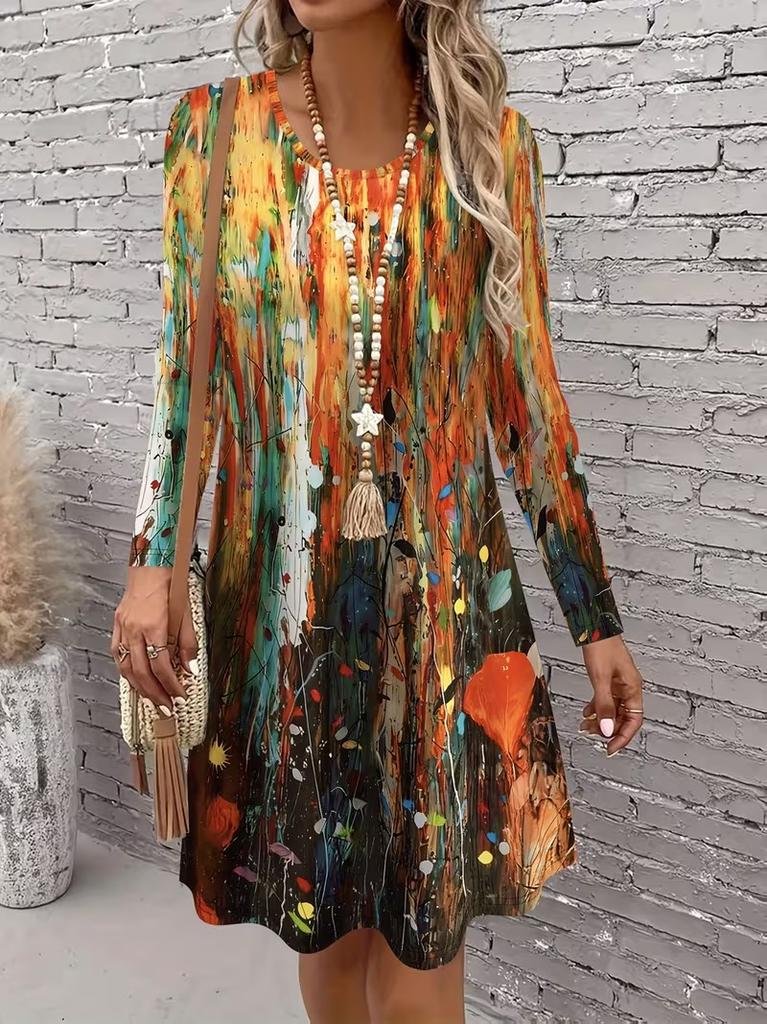3D Retro Floral Pattern Casual Dress, Women's Autumn Long Sleeved Round Neck Casual Mini Dress