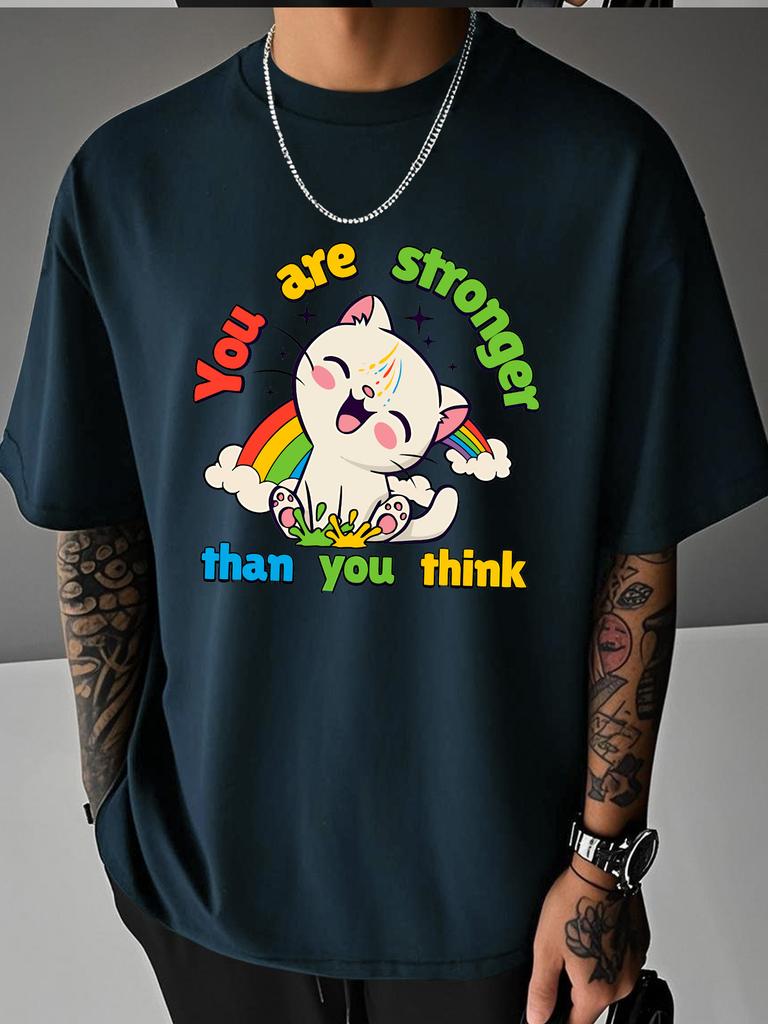 Unisex Summer Crew Neck T Shirt Cute Rainbow Cat You Are Stronger Than You Think Graphic Loose Short Sleeve Casual Streetwear Tops