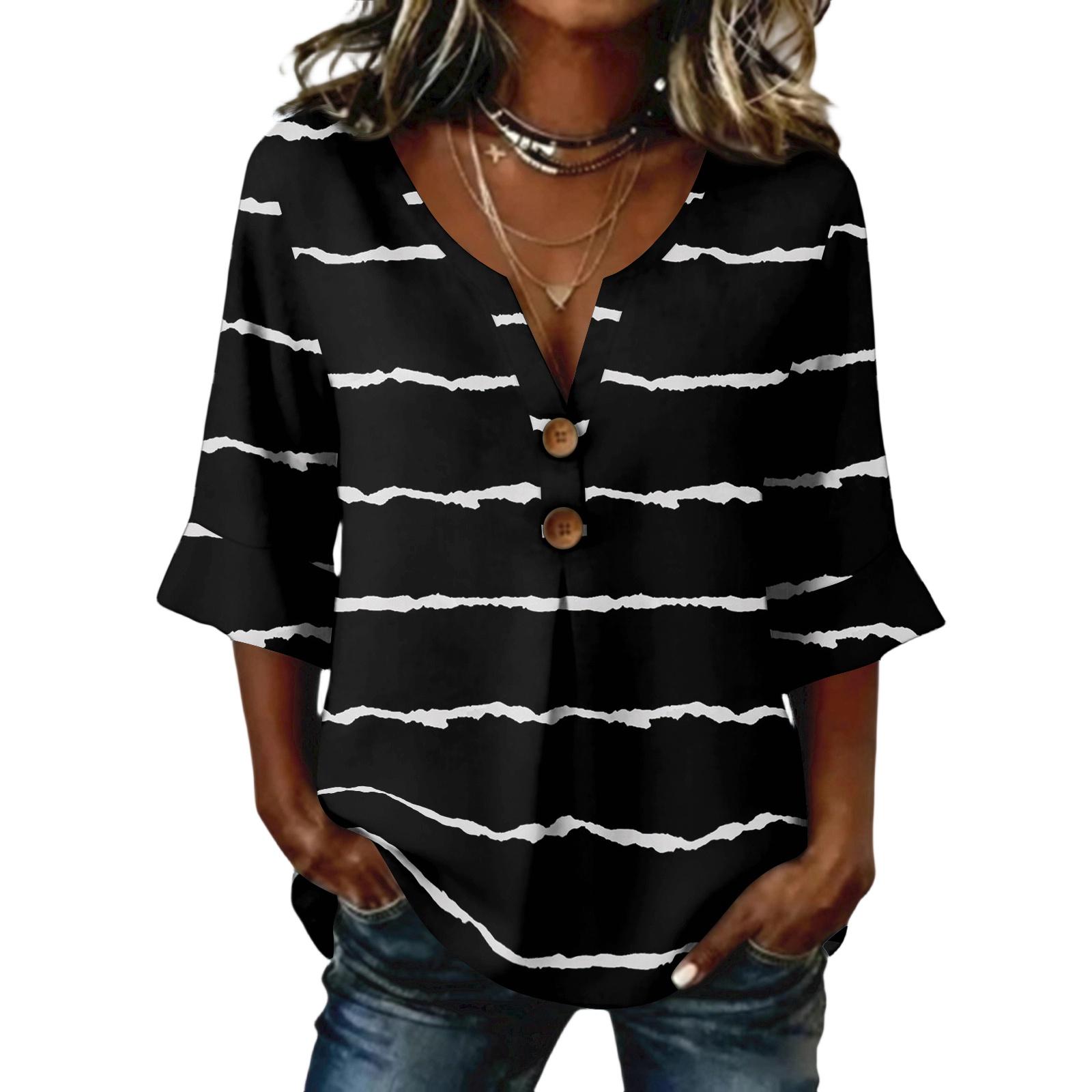 Ladies  striped printed button casual V-neck fashionable seven quarter sleeve top L чёрный