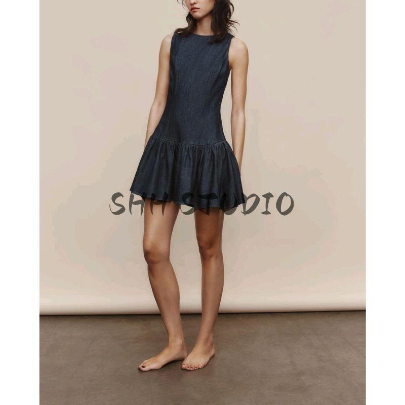 Summer New Product Women's Clothes round Neck Sleeveless Laminated Decoration Hem Denim Effect Short Dress 6929084