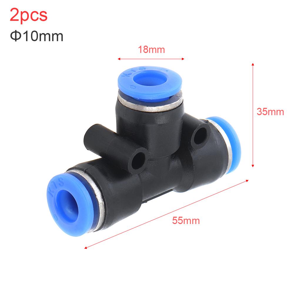2Pcs 10mm T-type APE Plastic 3-Way Pneumatic Quick Connect Fittings, Push-in Air Hose Connector for Pneumatic Tools Air Tubing Connection