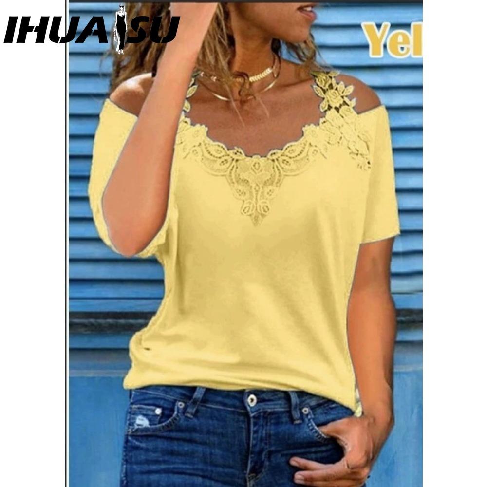 IHUASU Blusas y camisas de manga corta con cuello en V y estampado de color sólido informal a la moda para mujer