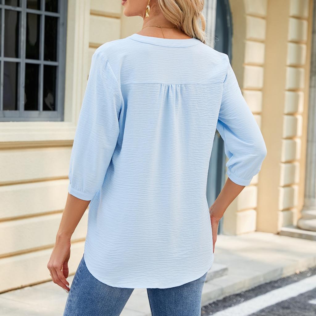 IHUASU Frühling/Sommer Locker V-Ausschnitt Knopf Einfarbig Chiffon T-Shirt Damenoberteil