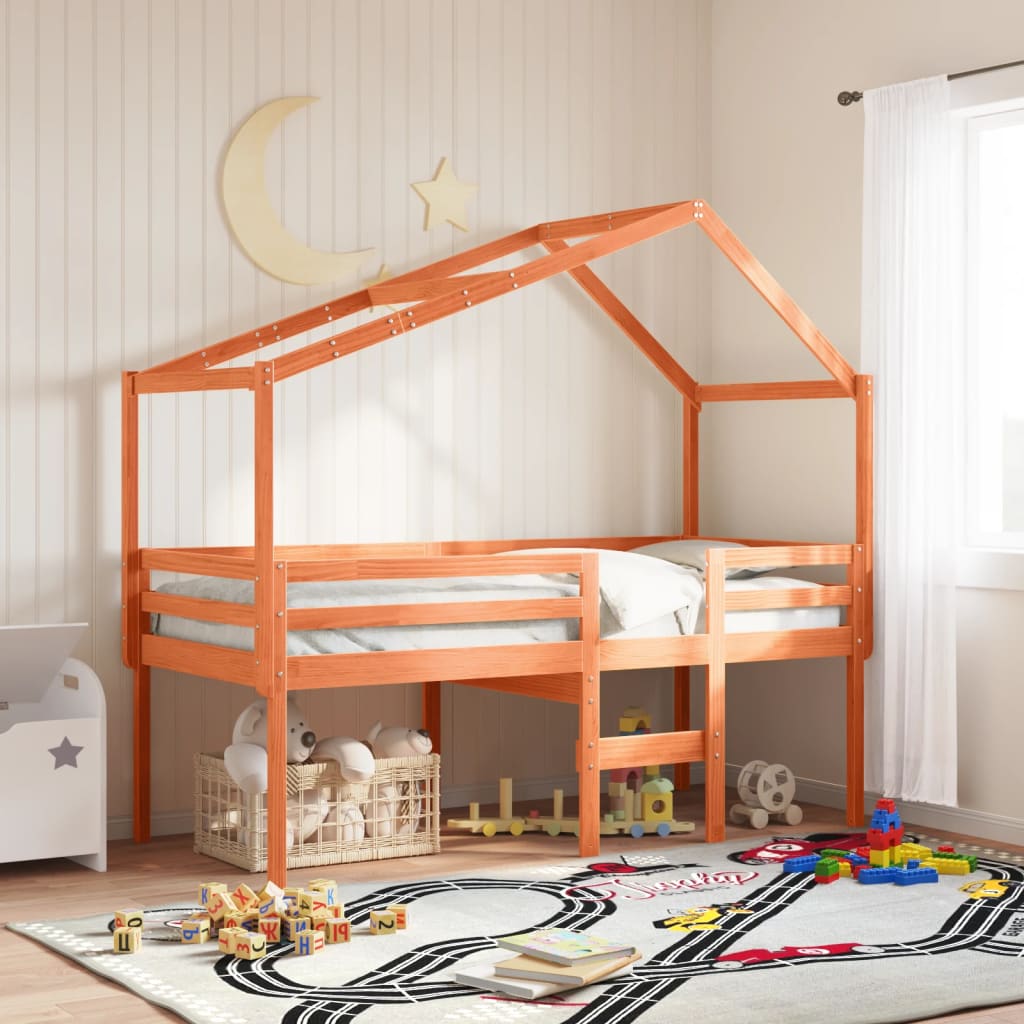 High Bed with Roof Wax Brown 90x190 cm Solid Pine Wood