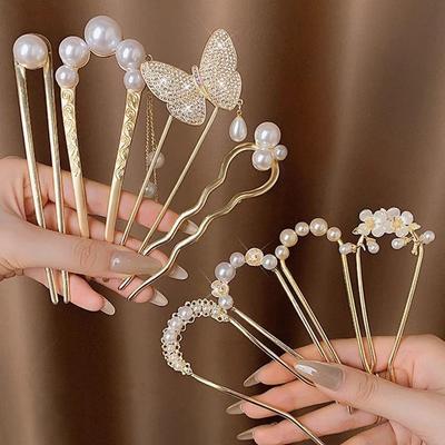 Pearl U-shape Hair Clips Accessories Hairpin Female Plug Comb Hairpin Hair Plate Fixed Artifacts Hairpin Headdress