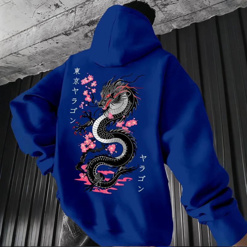Black Dragon Cherry Blossom Print Hoodie Loose Drop Shoulder Unisex Pullover Sweatshirt Couples Winter Casual Wear