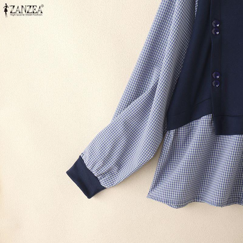 ZANZEA Womens Autumn Plaid Print Long Sleeve Splice Casual Blouse