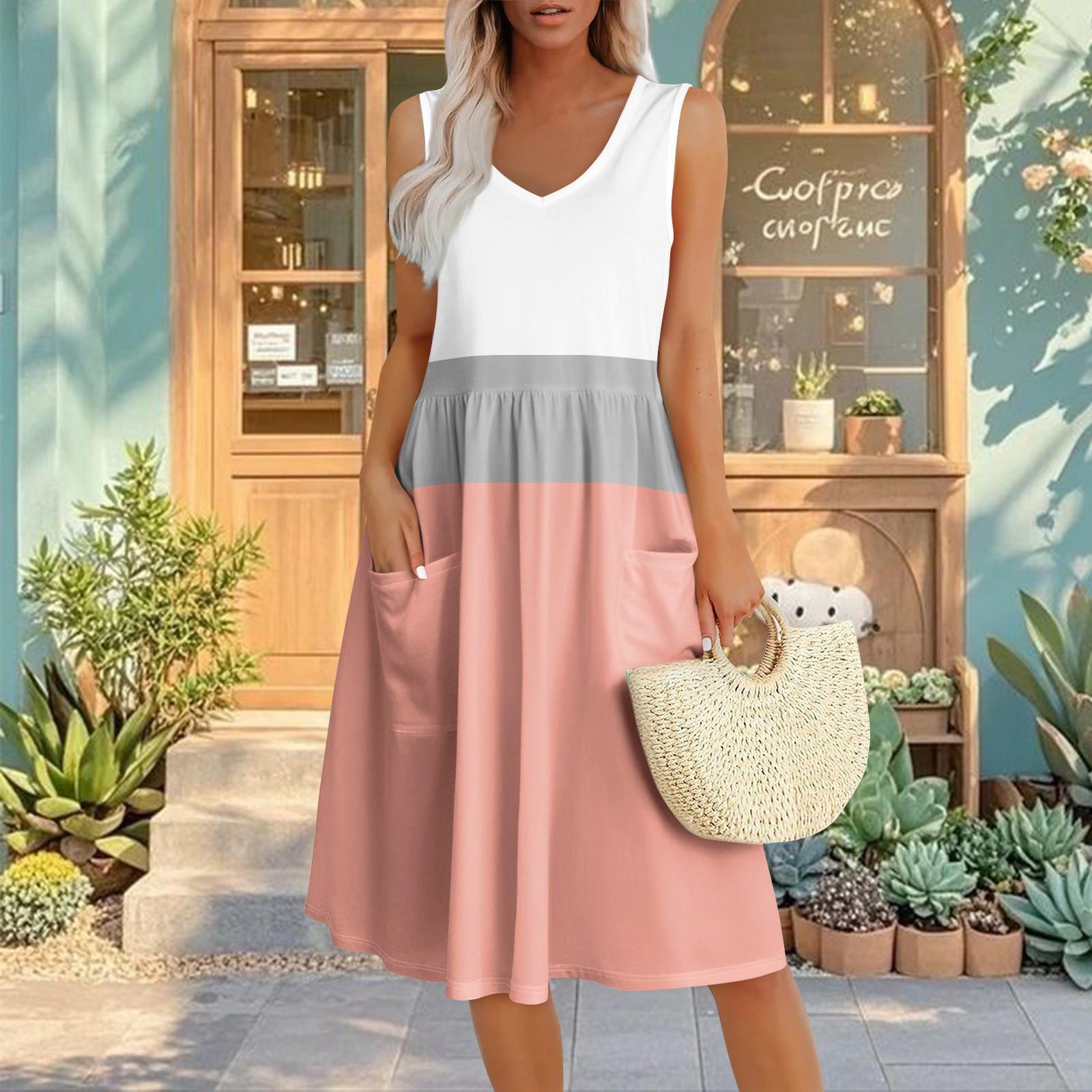 

Summer Casual Midi Dresses For Women Vocation Elastic Waist Sleeveless Knee Length Sundress With Pockets Loose Fit XXL