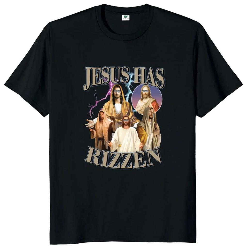 Jesus Has Rizzen T Shirt Retro  Religious Harajuku Streetwear 100% Cotton Unisex O-neck Summer T-shirts Oversized Tops