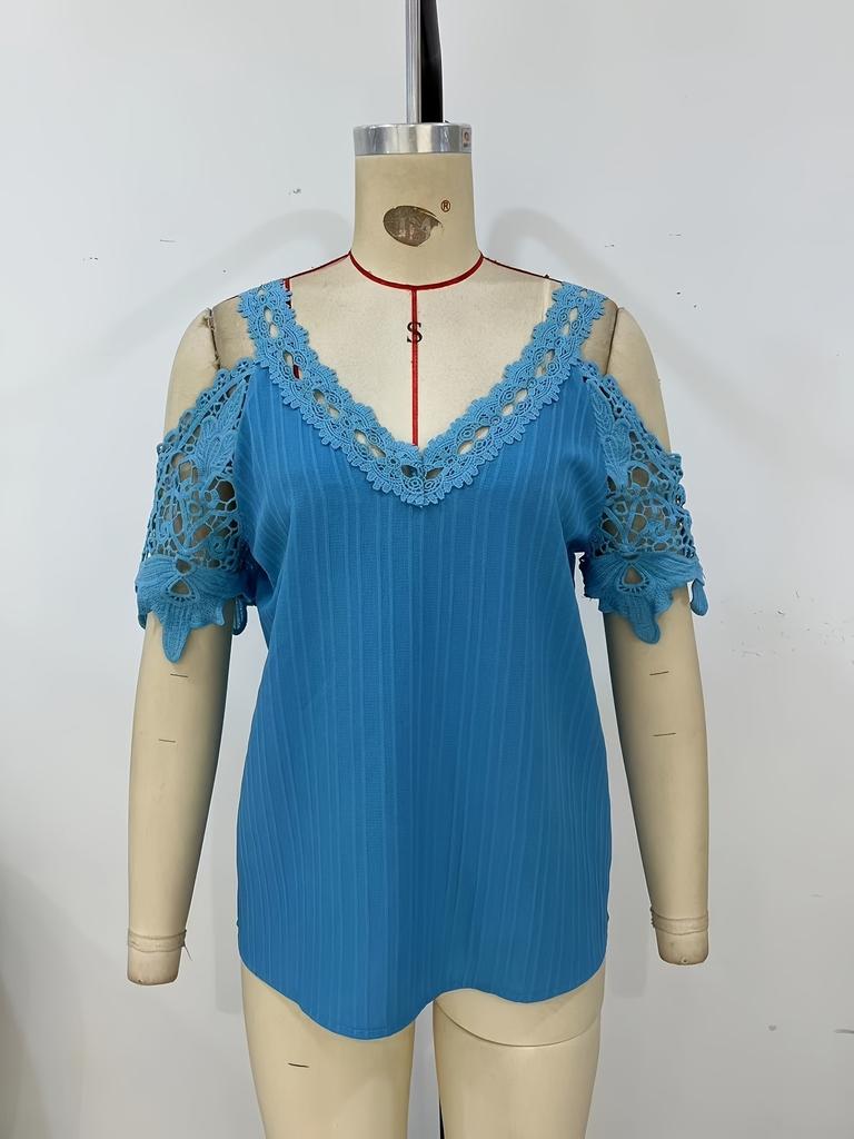 Women's Summer V-neck Short Sleeved T-shirt Off Shoulder T Shirts Ladies Lace Hollowed Out T Shirts