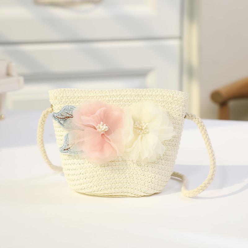Borsa in paglia con cerniera e fiore per bambina, simpatici accessori per foto, borsa a tracolla intrecciata a mano per bambini, cestino portaoggetti, portamonete, borsa a tracolla
