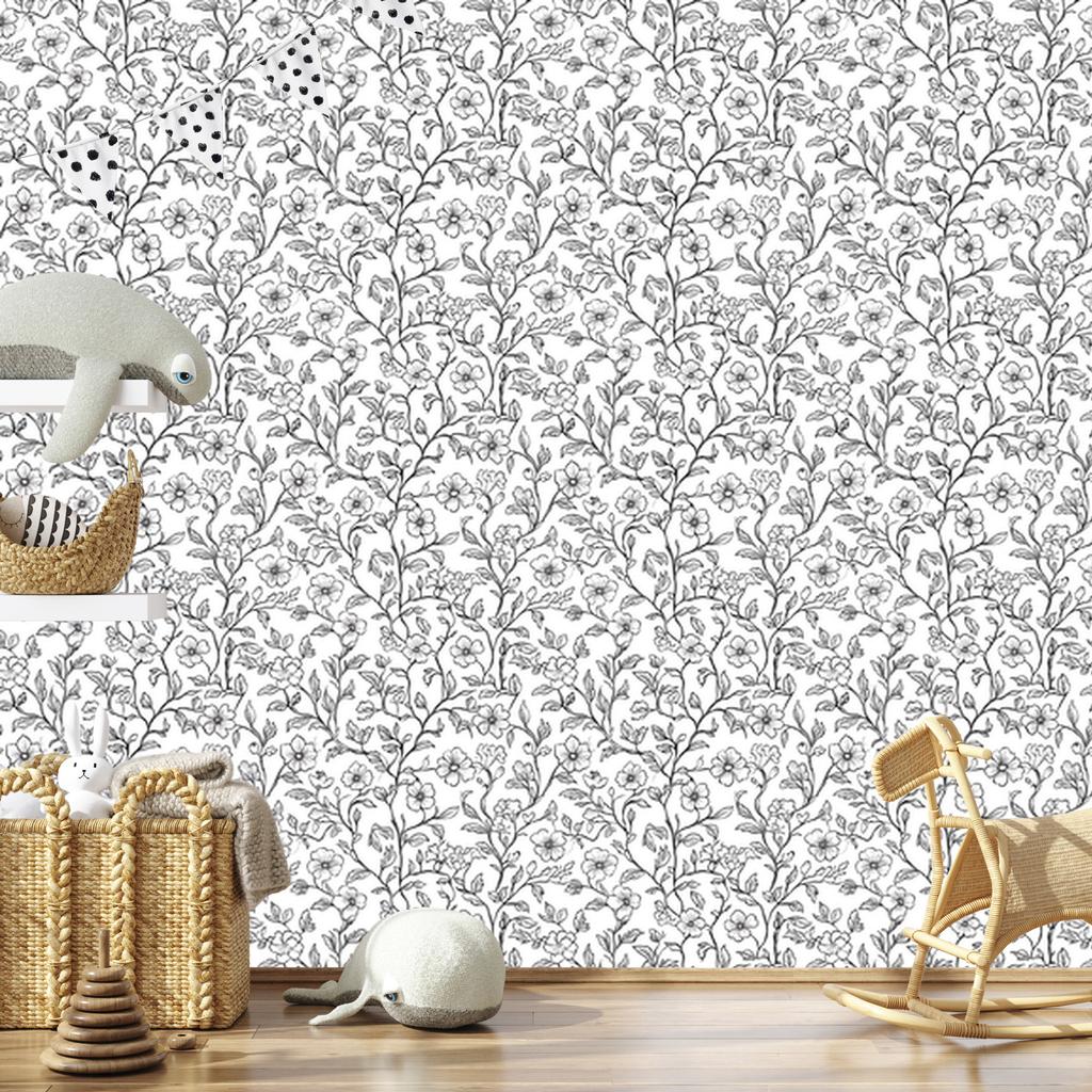 Wallpaper Black and White Flowers Light Gray and White 50x1000