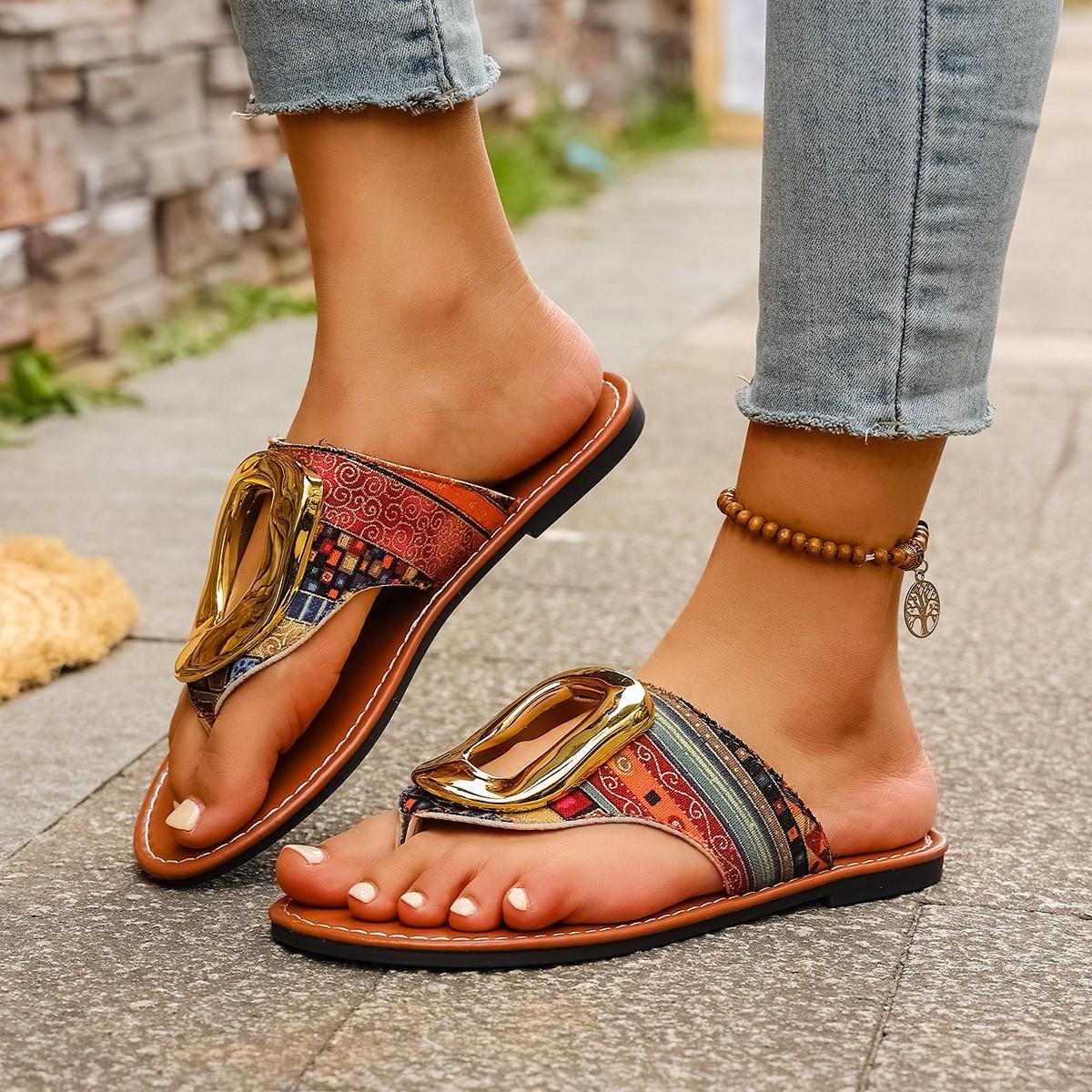 

Женские шлепанцы широкой полноты, сандалии-вьетнамки с металлической пряжкой, летние пляжные сандалии на плоской подошве для женщин 36