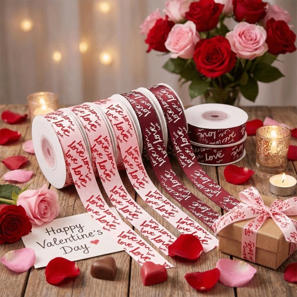 Romantic 2.5cm Valentine's Day Ribbon Heart Pattern Decorative LOVE Ribbon Satin Ribbon Romantic Occasions