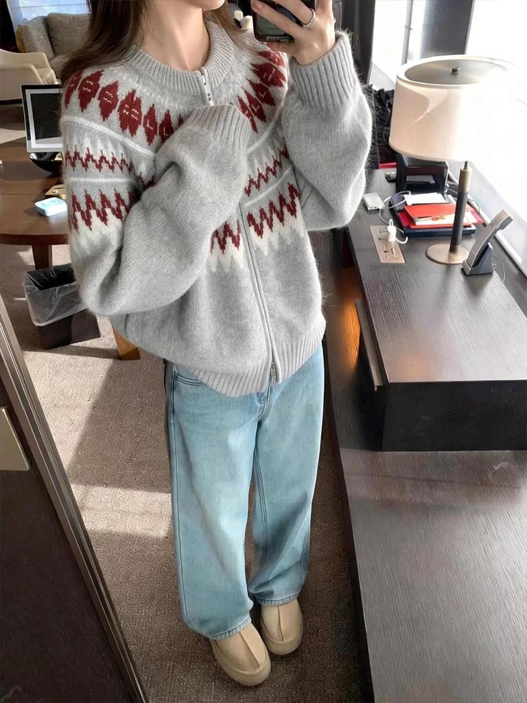 Women's Floral Grey Jacquard Double Zipper Knit Cardigan - Early Spring Vintage Color Block Design