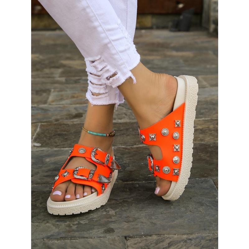 Women's Oversized Slippers New European and American Belt Buckle Willow Nail Flat Slippers Outerwear Open-toe Flip Sandals